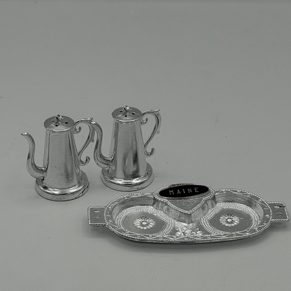 MAINE SALT PEPPER TRAY SET MINI ANTIQUE FAMOUS SILVER SMITHS REPRO JAPAN.